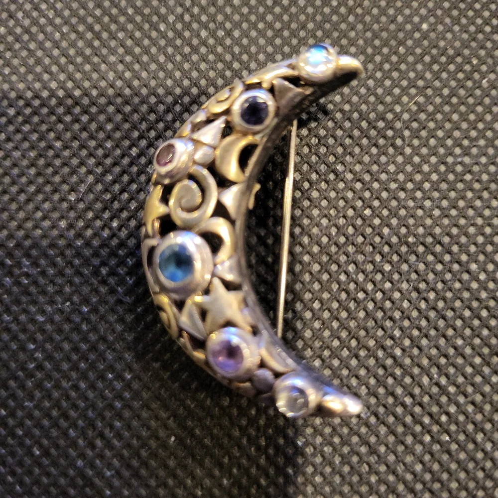 Crescent Moon & Stars Birthstone Sterling Silver Brooch